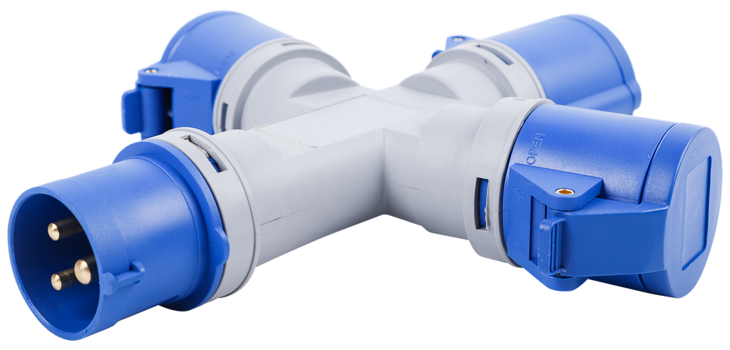 EBASEE CEE Splitter IP44 16A 220-240v 1 Plug 3 Sockets Blue