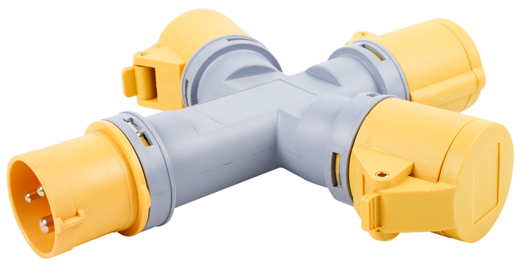 EBASEE CEE Splitter IP44 16A 110v 1 Plug 3 Sockets Yellow