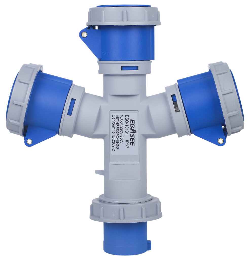 EBASEE CEE Splitter IP67 16A 220v 1 Plug 3 Sockets Blue