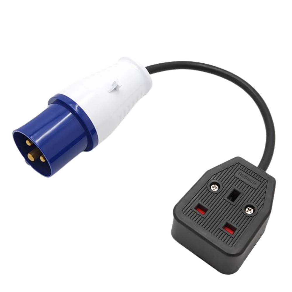 EBASEE CEE 16A 230V Blue Adaptor to Single Black Trailing Socket