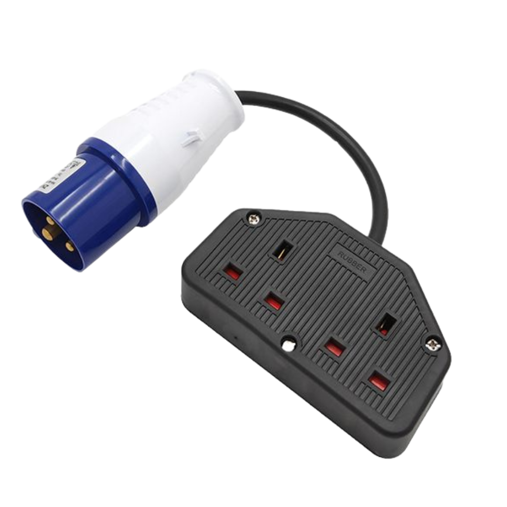 EBASEE CEE 16A 230V Blue Adaptor to Double Black Trailing Socket