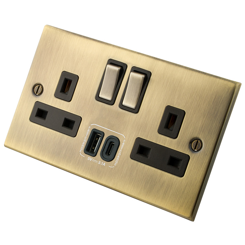 Antique Brass 2 Gang 13A Socket c/w A+C USB