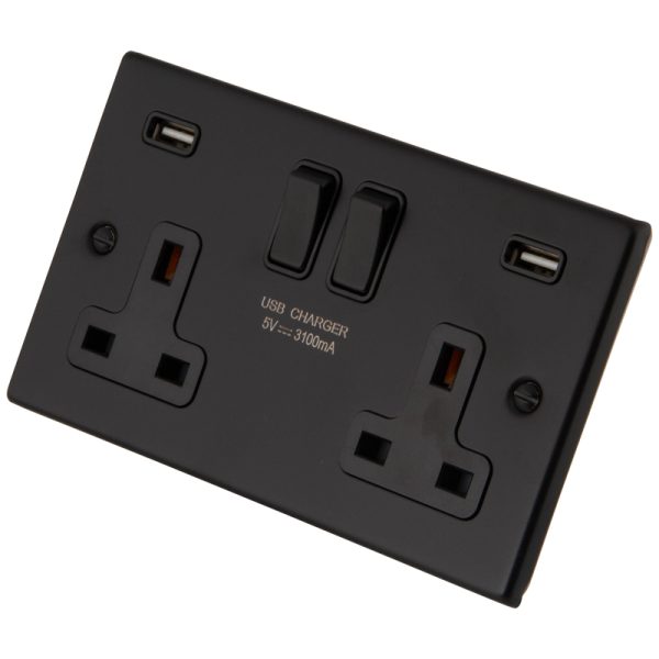 Black Metal 2 Gang 13A  Socket c/w 2XUSB 6082-914