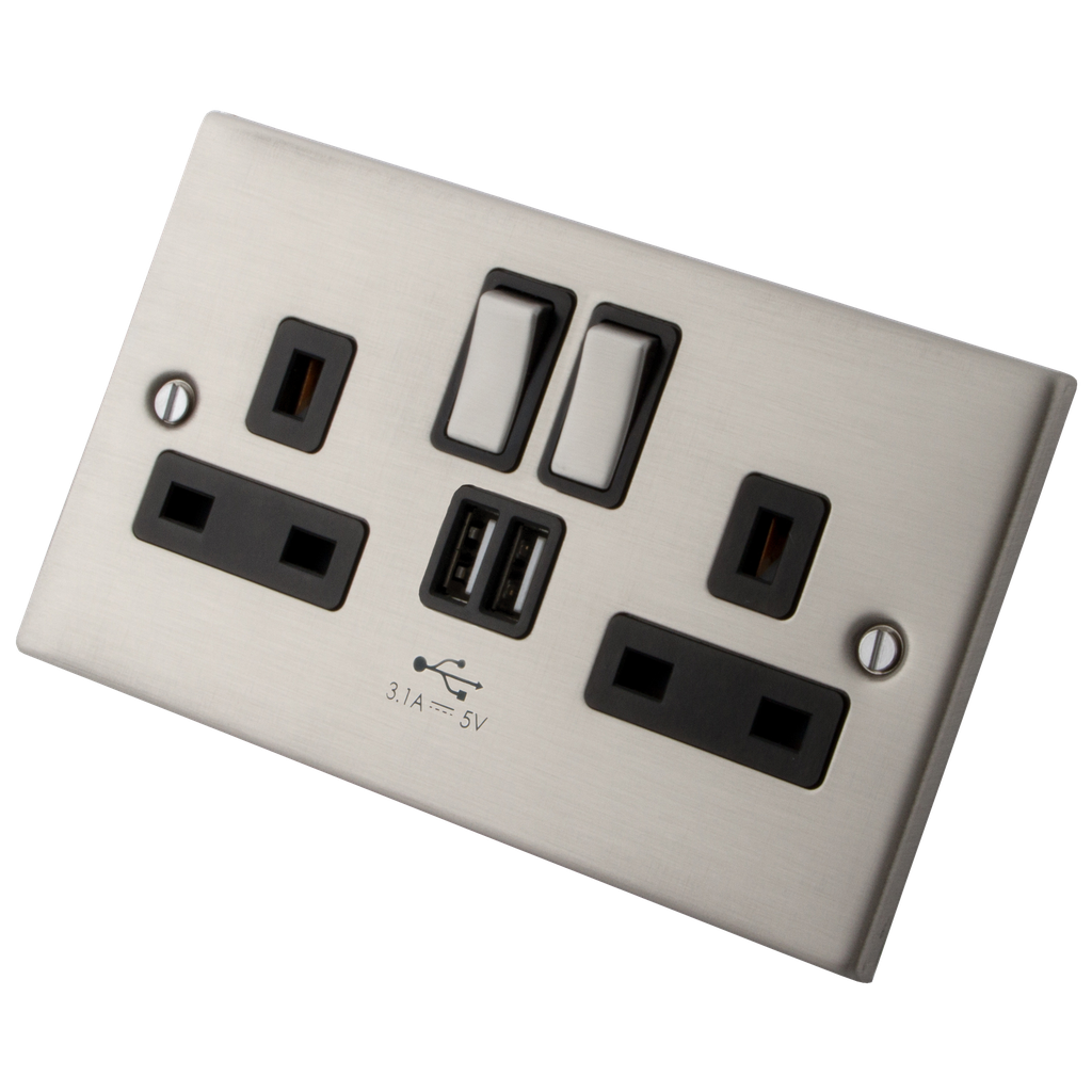 Stainless Steel Switched Socket 2 Gang 13 Amp with 2 x USB