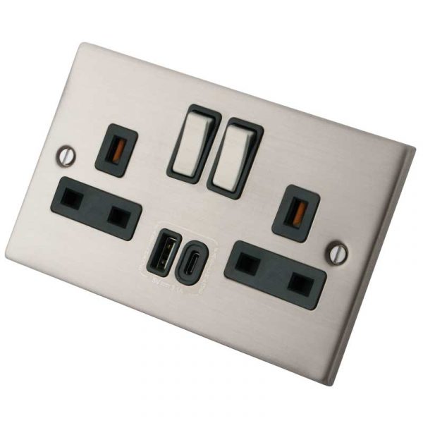 Stainless Steel 2 Gang 13A Socket c/w A+C