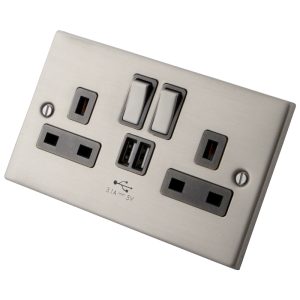Stainless Steel 2 Gang 13A  Socket c/w 2XUSB 6033-914 - Grey Insert