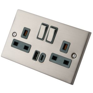 Stainless Steel 2 Gang 13A  Socket c/w USB Type A + C - Grey Insert 6033-904