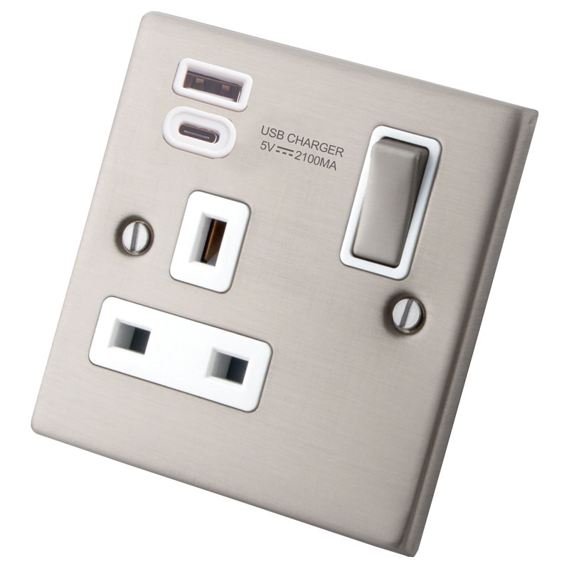 Stainless Steel 1 Gang 13 Amp Switched Socket c/w Type A + C Sockets 6031-902