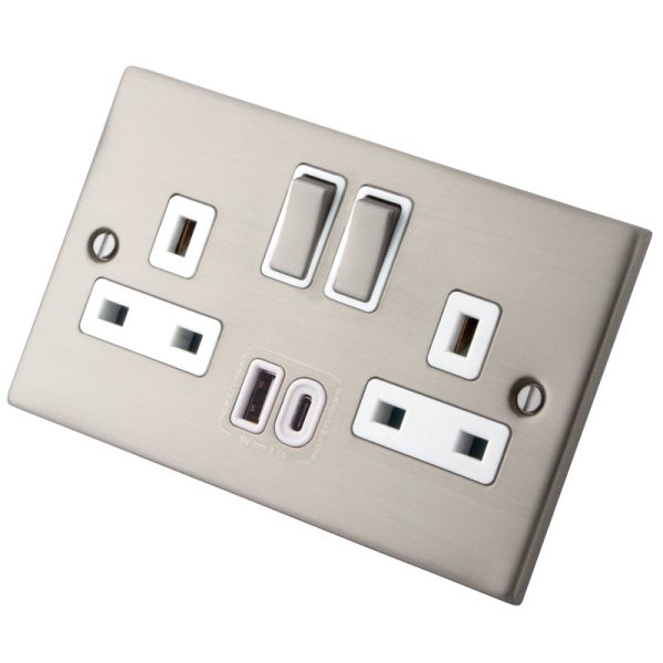 Stainless Steel 2 Gang 13A  Socket c/w USB Type A + C 6031-904