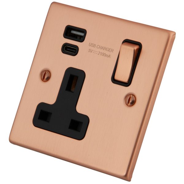 Copper 1 Gang 13 Amp Switched Socket USB Type A + C 6102-902