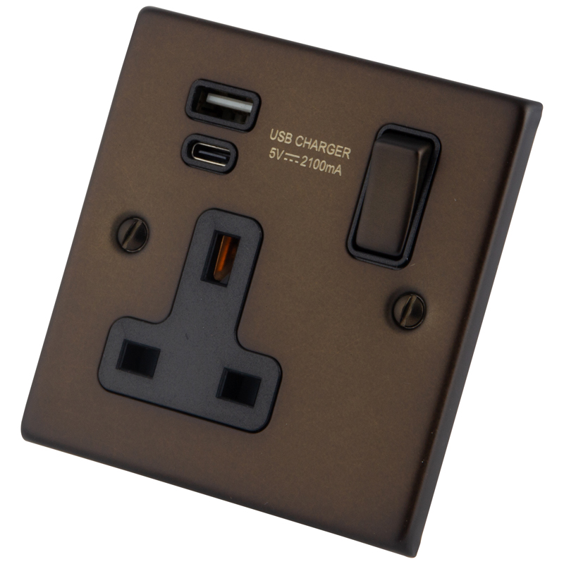 Dark Bronze 1 Gang 13A Socket c/w A+C USB 6062-902