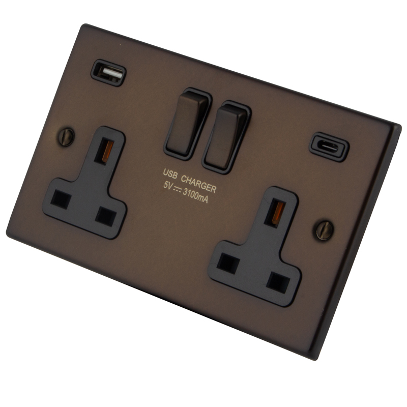 Dark Bronze 2 Gang 13A Socket c/w A+C USB 6062-904