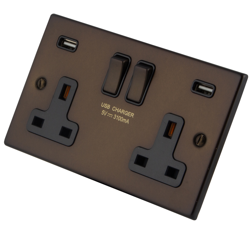 Dark Bronze 2 Gang Socket c/w USB Outlets 6062-914