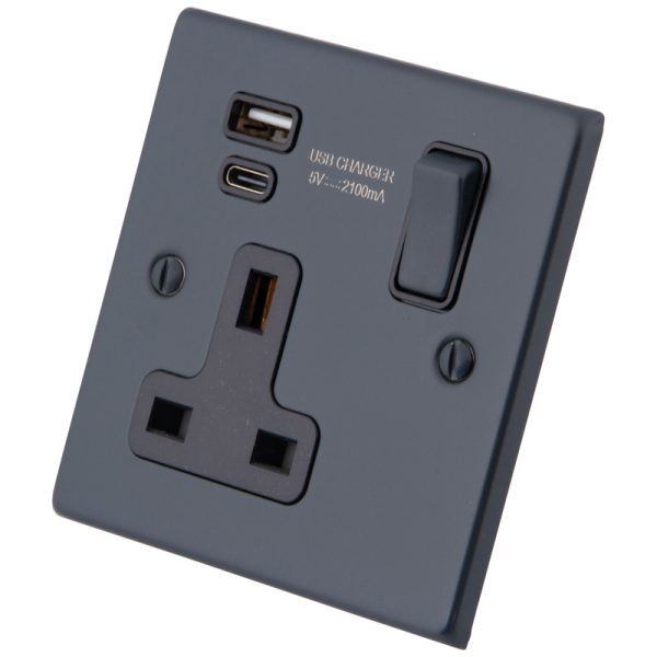 Granite Blue 1 Gang 13 Amp Switched c/w Type A + C USB Socket 6103-902