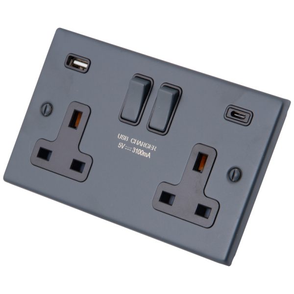 Granite Blue 2 Gang 13A  Socket c/w USB Type A + C 6103-914