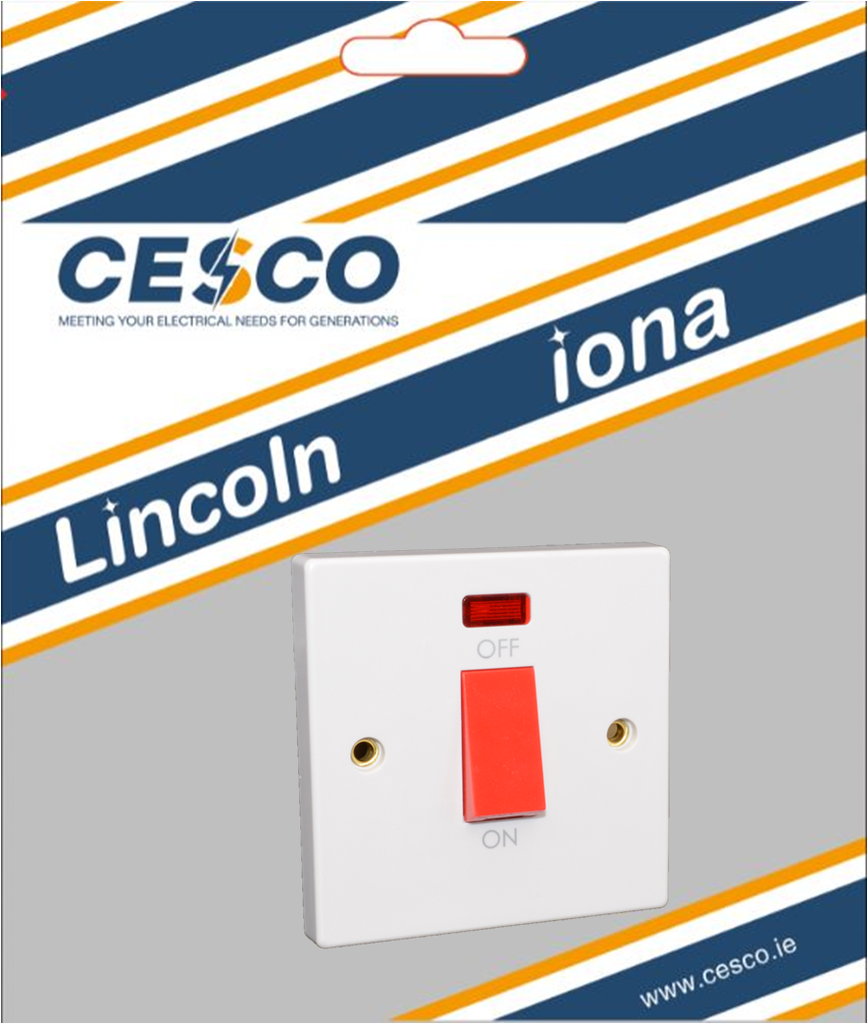 Lincoln 45 Amp 1 Gang Cooker Switch c/w Neon Pre Packed