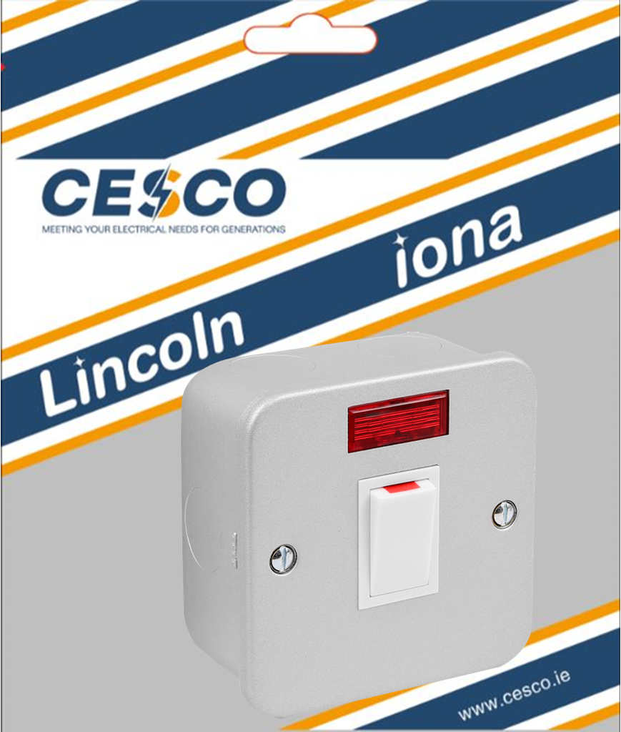 Metalclad 20A Double Pole Switch c/w Neon Pre Packed