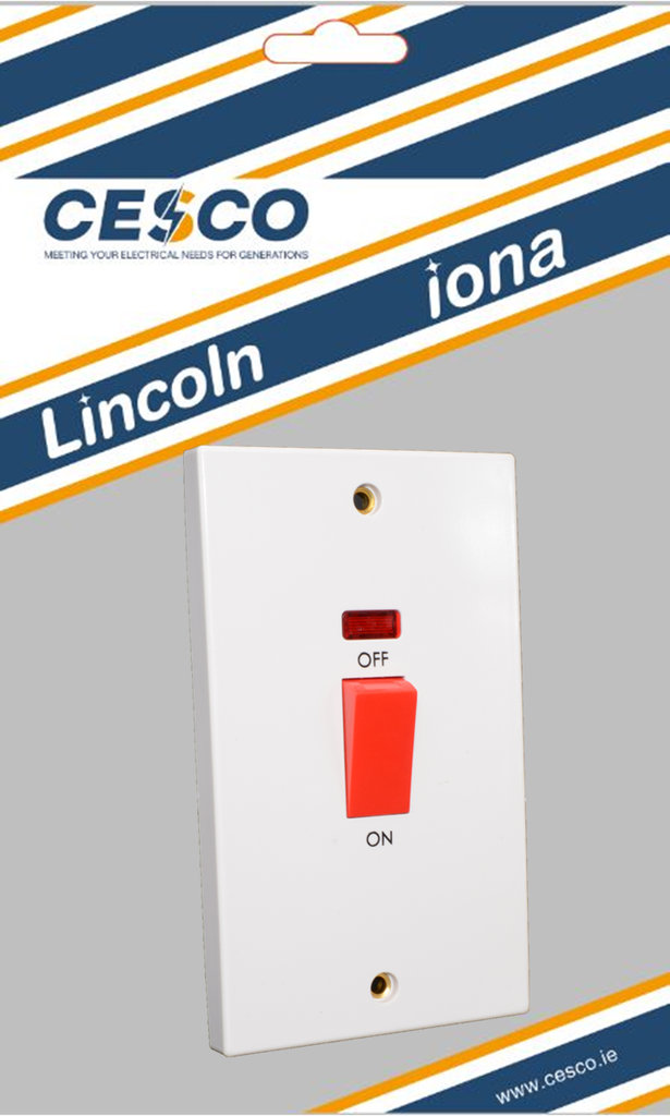 Lincoln 45 Amp 2 Gang Cooker Switch c/w Neon Pre Packed