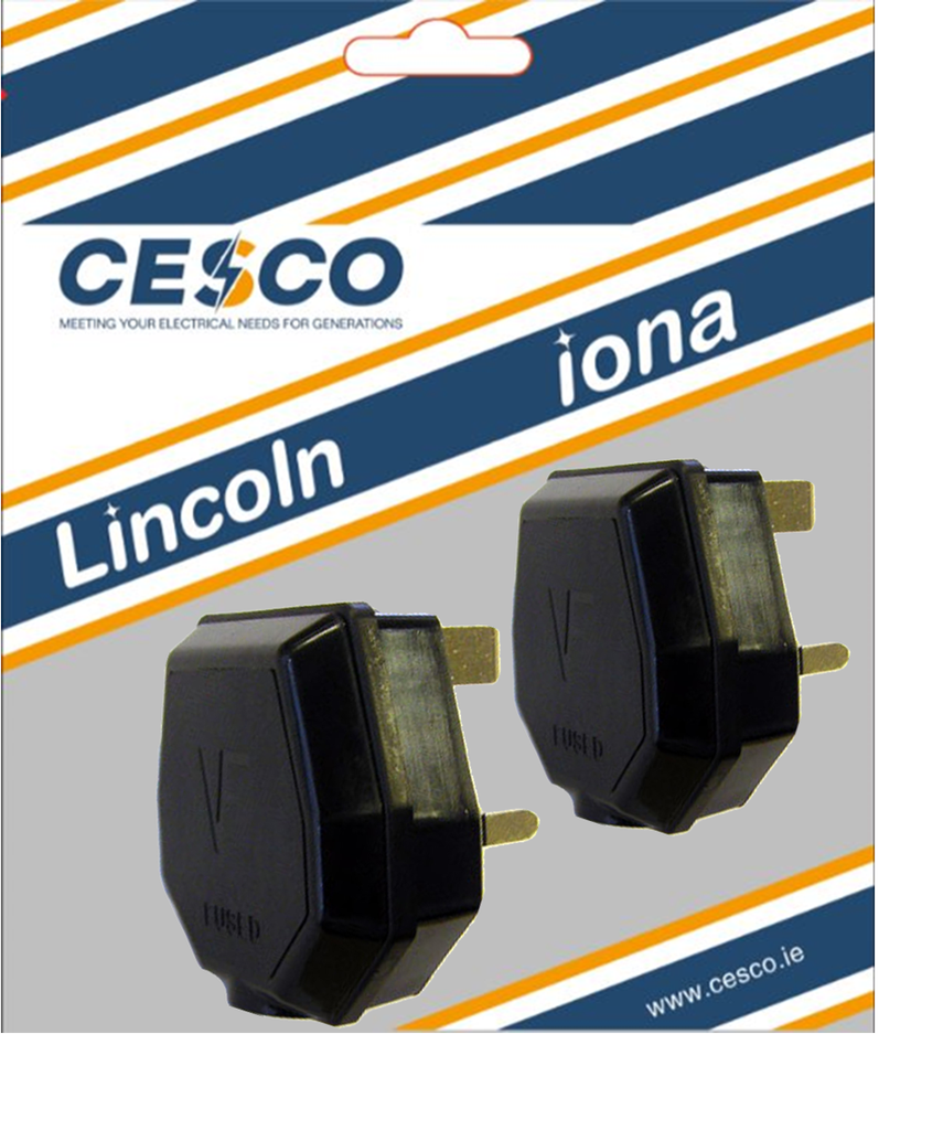Lincoln 13 Amp Black Bakelite Plug Top Pack of 2 Pre Packed