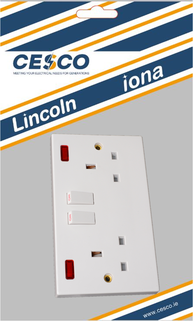 Lincoln 13 Amp 2 Gang Switched Socket c/w Pilot Light Pre Packed