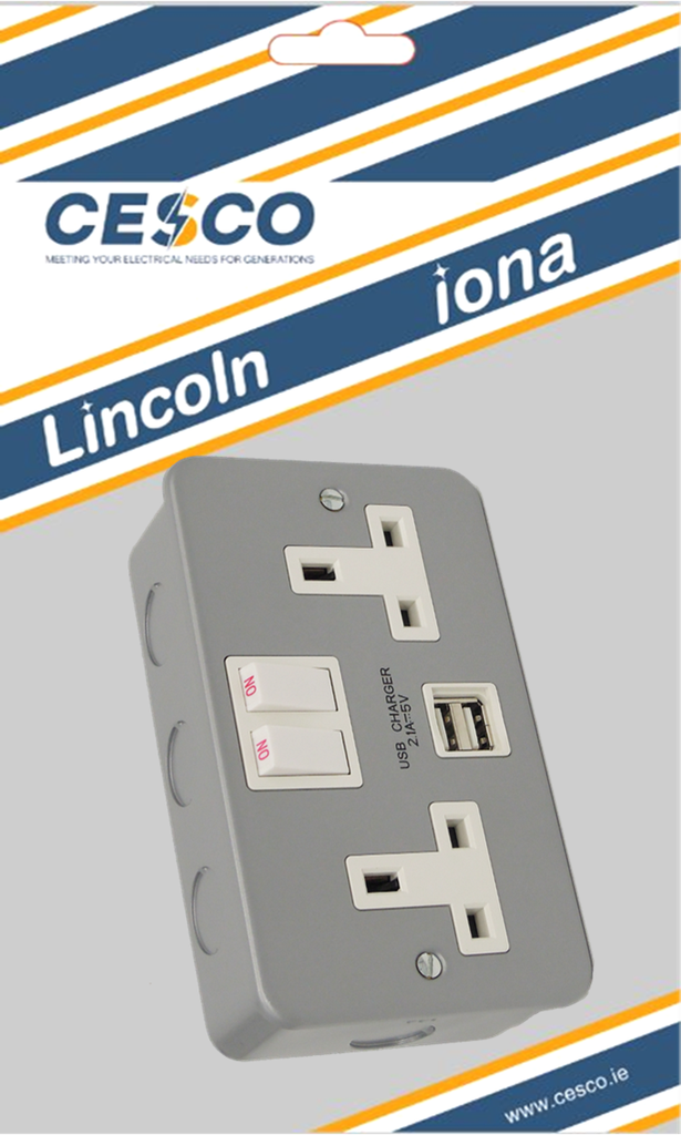 Metalclad 2 Gang 13A socket c/w 2 USB Outlet Pre Packed