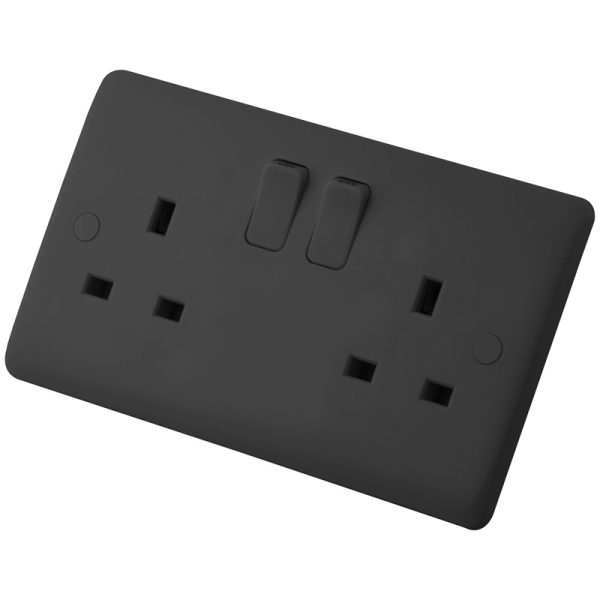 Iona Black 13 Amp 2 Gang Flush DP Socket Switched Double Pole